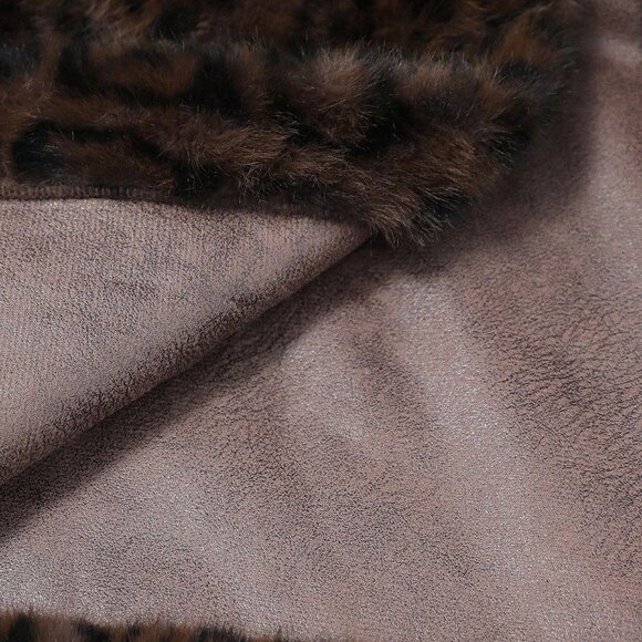 Coffee Brown Chic Women's Leopard Print Lapel Long Sleeve Faux Fur Jacket coat - Picture 9 of 9